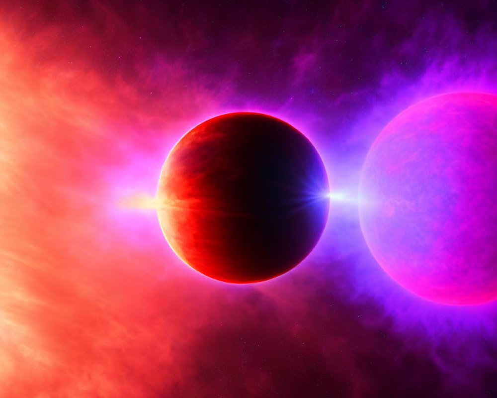 Vibrant celestial bodies in nebulous purple and crimson space