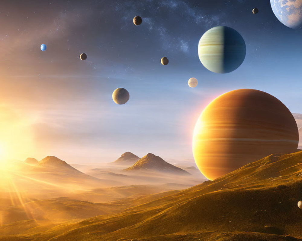 Fantastical landscape with multiple planets in golden sky