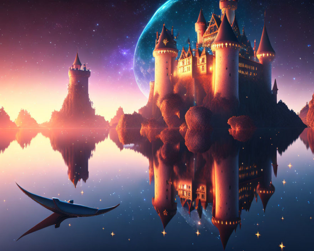 Fantasy castle with spires, lake reflection, night sky, planet, stars, and flying dragon