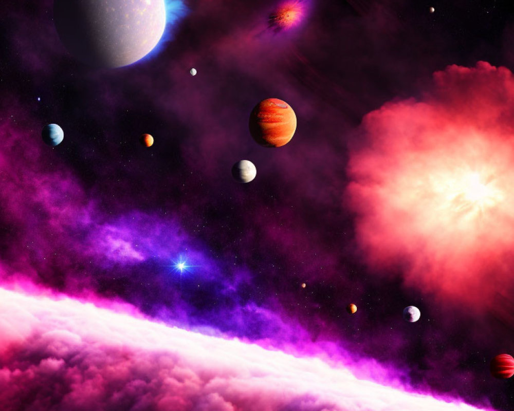Colorful cosmic scene with planets, stars, and nebula in vibrant hues.