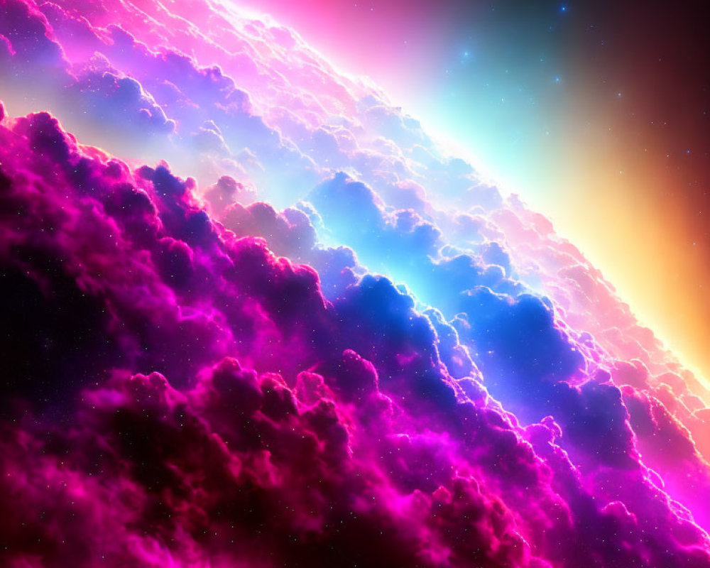 Colorful cosmic scene with pink and purple nebula clouds against starry space background