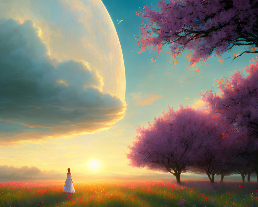 Person in flower field under moon and sunset sky.