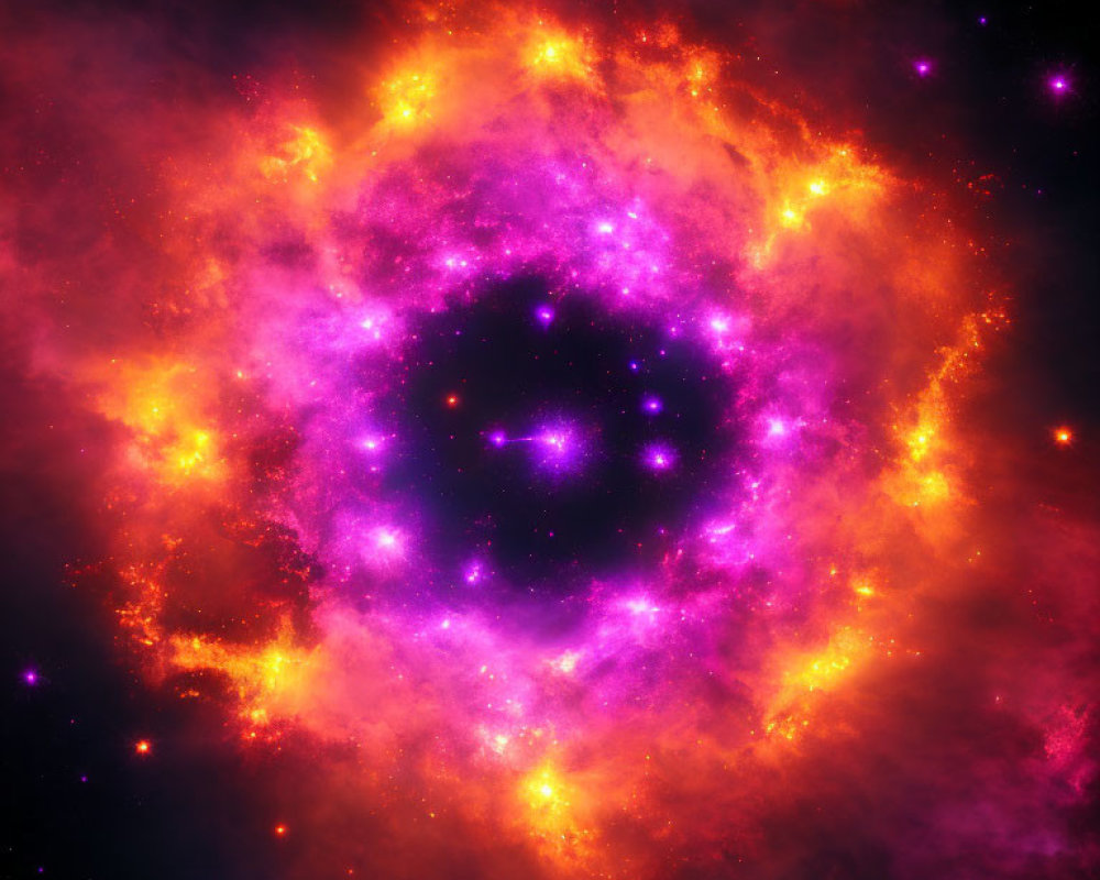 Colorful cosmic image with purple and pink nebulae and bright stars resembling a celestial flower
