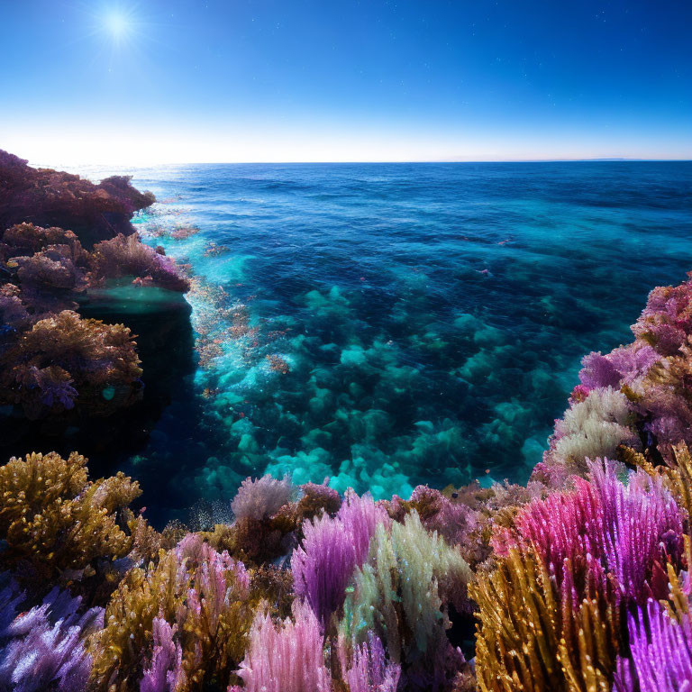 Colorful Coral Reef in Clear Blue Ocean with Sunny Sky and Lens Flare
