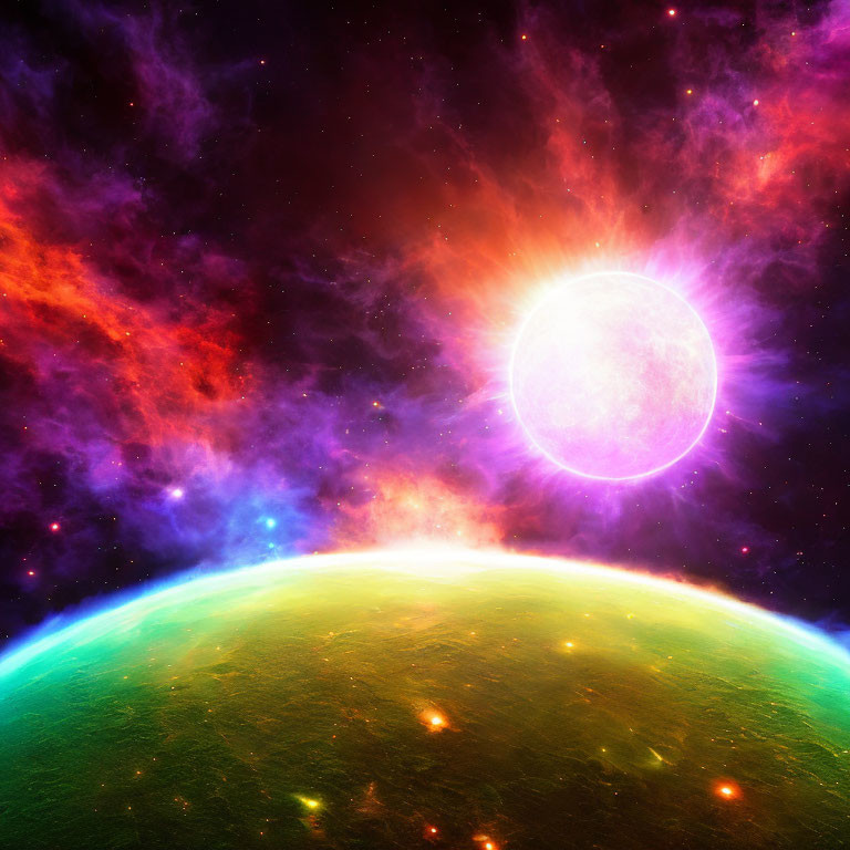 Colorful Cosmic Scene: Bright Sun Starburst, Green Planet, and Nebula-filled Space
