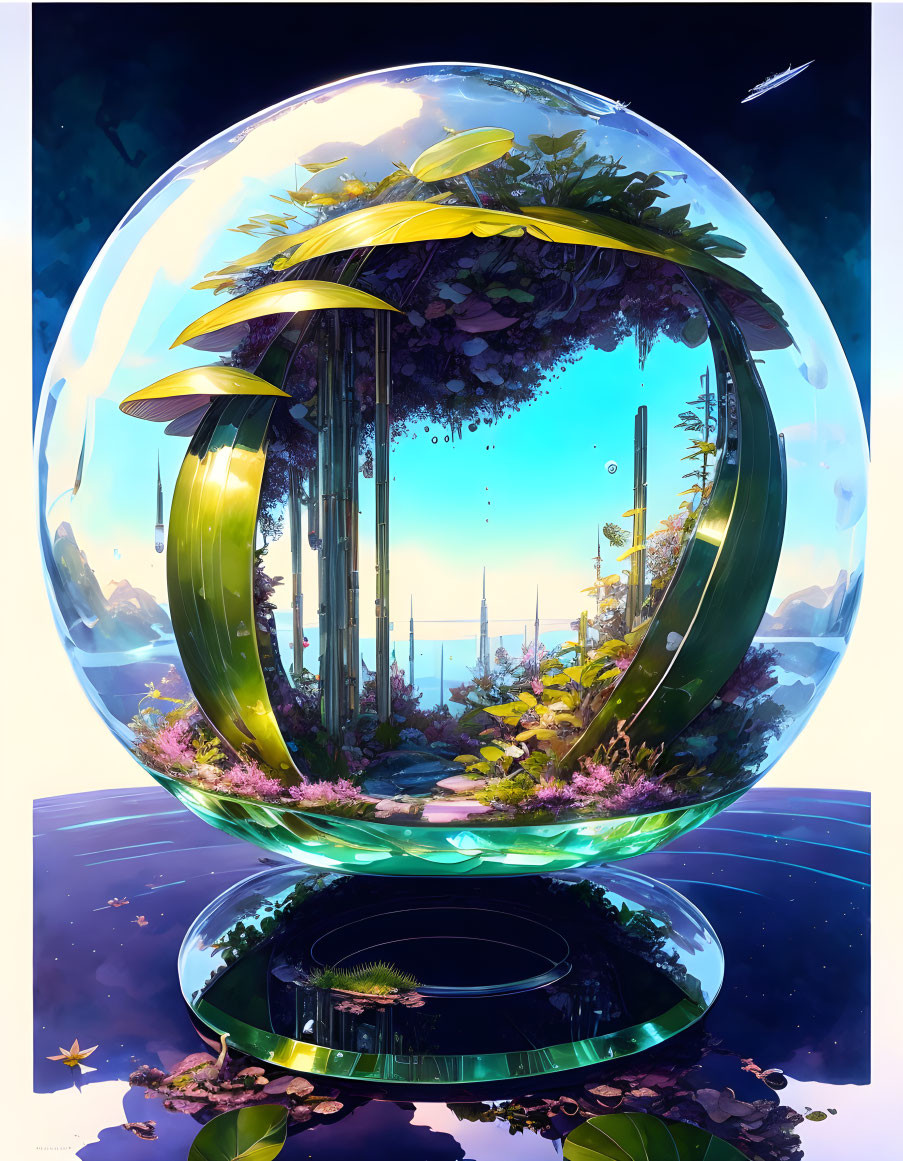Transparent futuristic sphere with lush greenery, floating islands, waterfalls, and advanced structures.