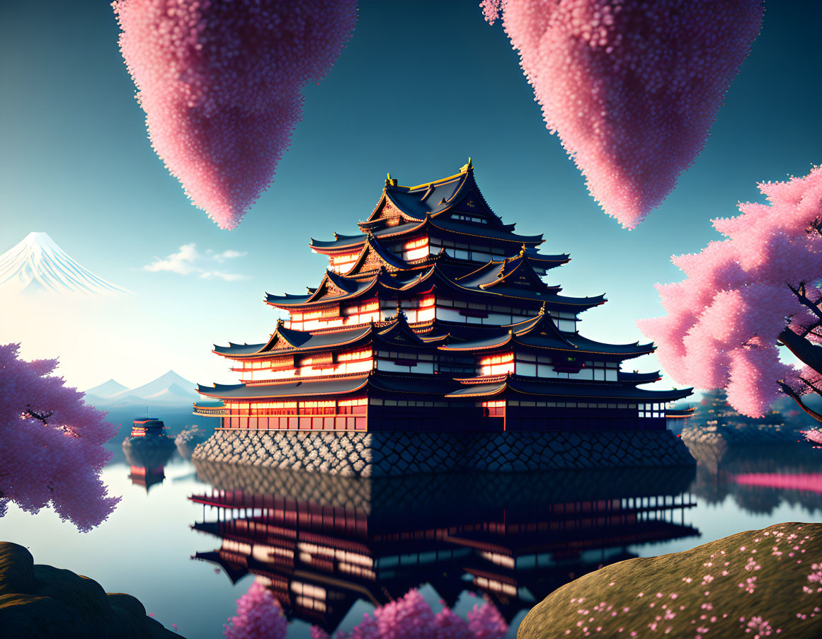 Traditional Japanese pagoda with cherry blossoms, Mount Fuji, and serene reflection.