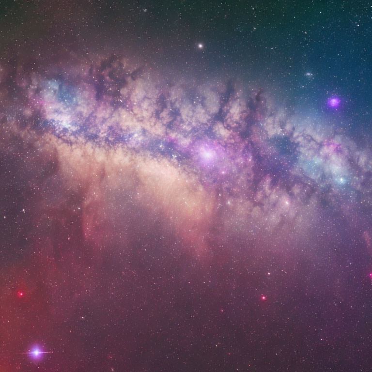 Colorful Milky Way cosmic scene with stars, clouds, and nebulae in pink, blue,