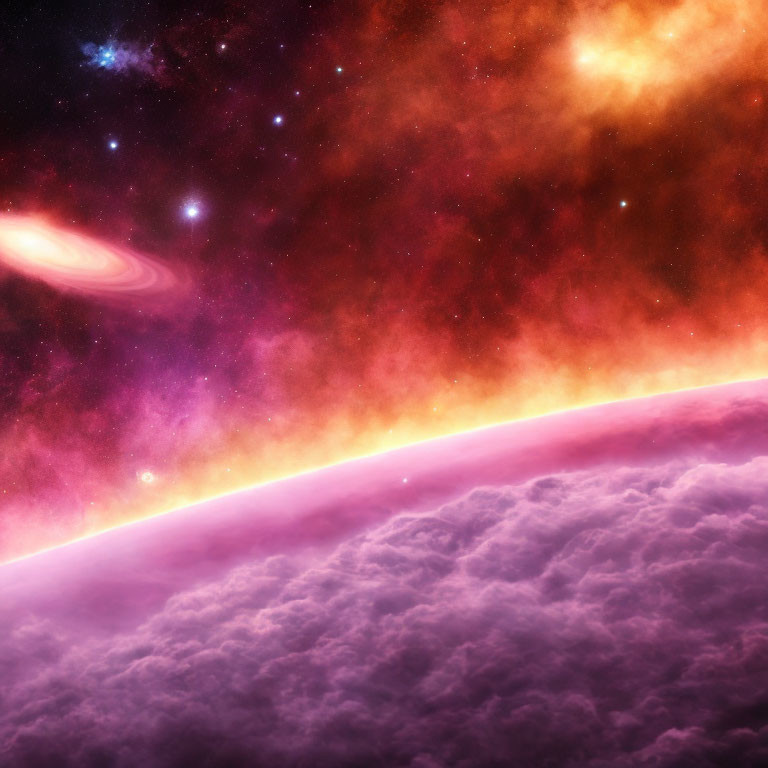 Colorful cosmic scene with purple and orange nebula, glowing horizon, and distant galaxy.