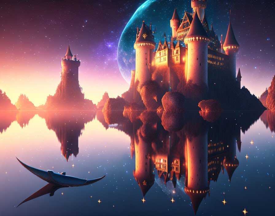 Fantasy castle with spires, lake reflection, night sky, planet, stars, and flying dragon