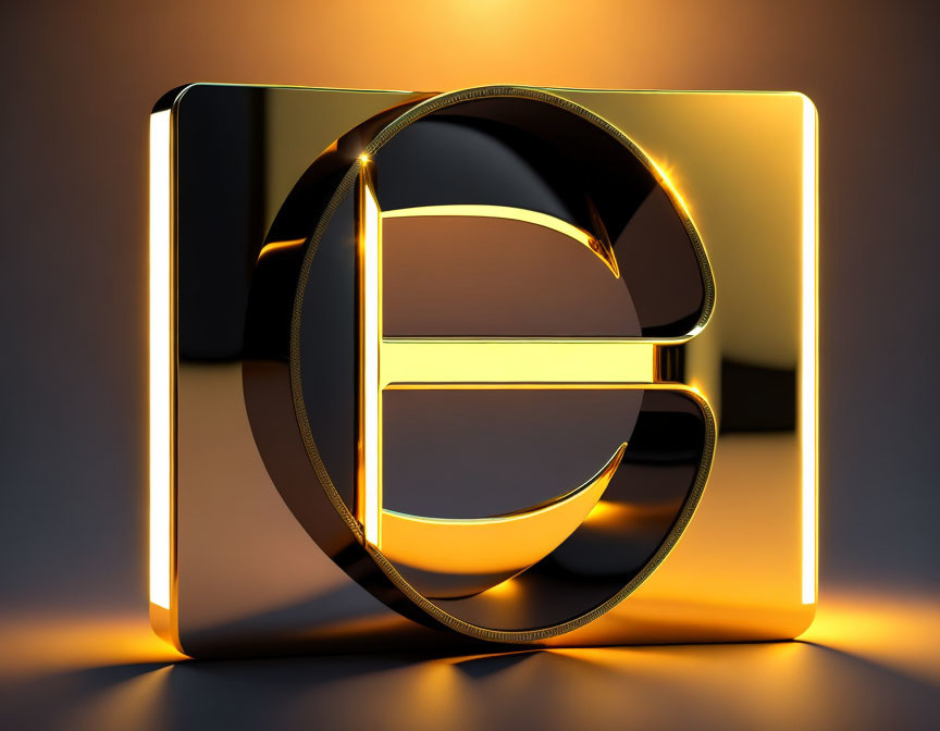 Golden 3D Letter "E" in Reflective Frame on Amber Background