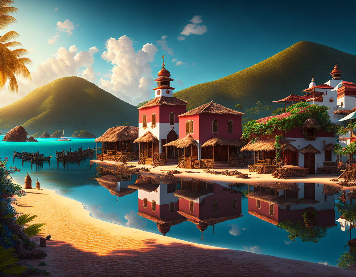 Scenic coastal village with red-roofed buildings and docks by mountains