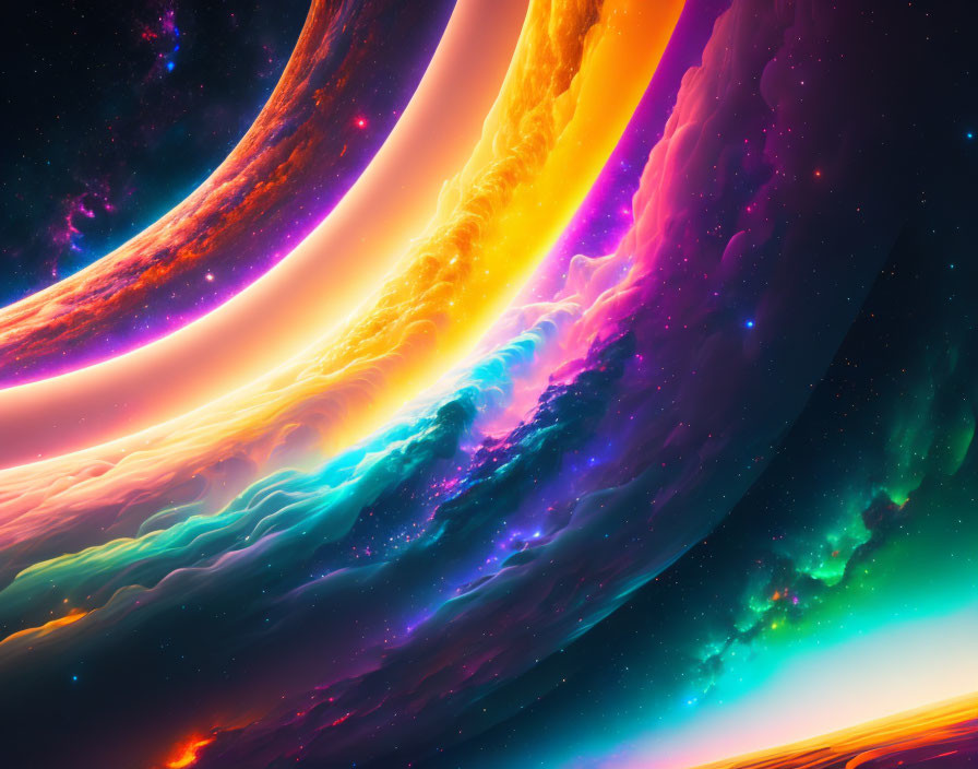Colorful cosmic digital artwork: swirling nebulas and stars.
