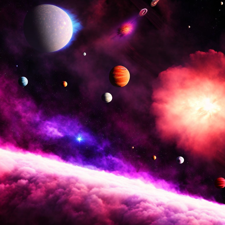 Colorful cosmic scene with planets, stars, and nebula in vibrant hues.