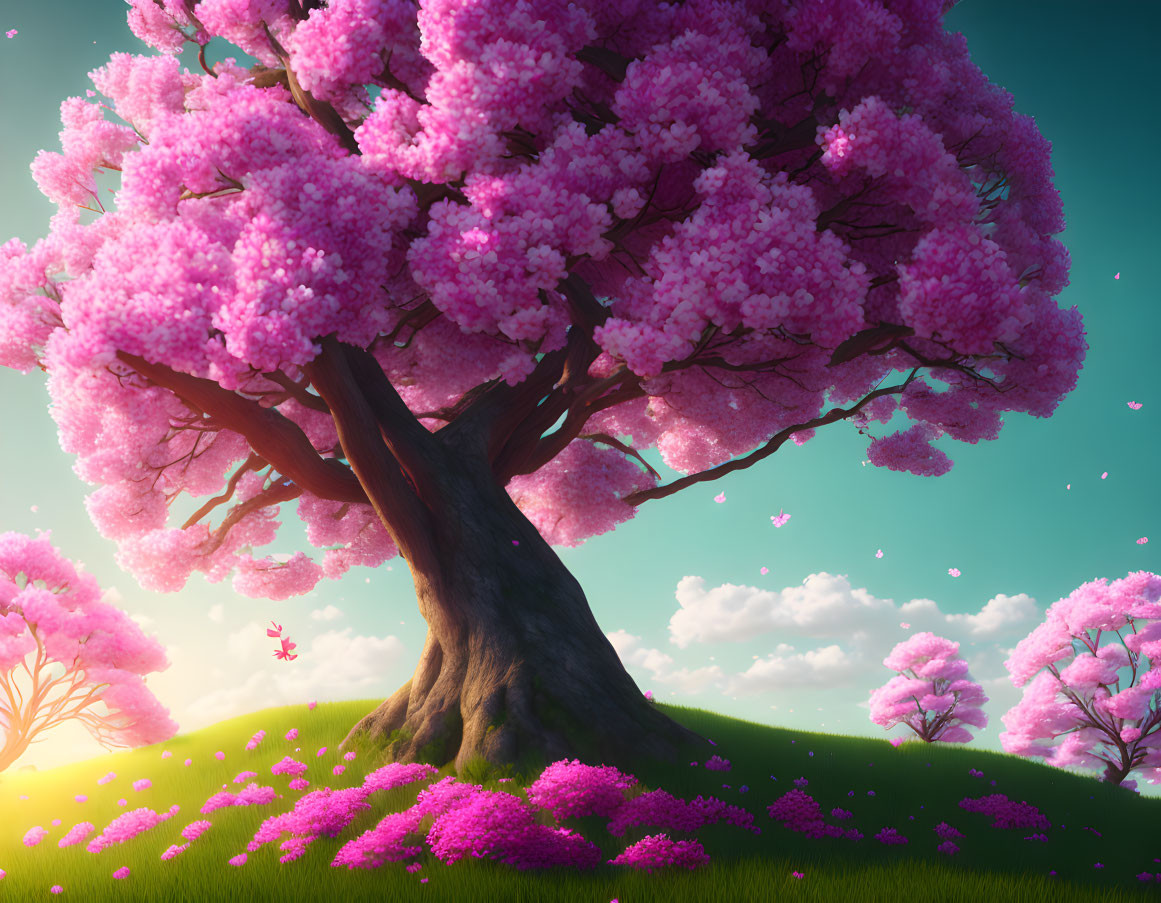 Vibrant cherry blossom tree on grassy hill with falling petals