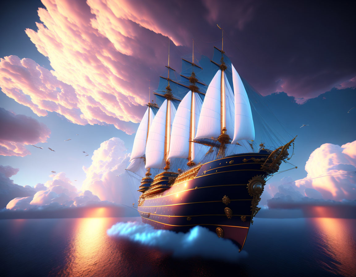 Sailing ship with white sails on calm ocean at sunset