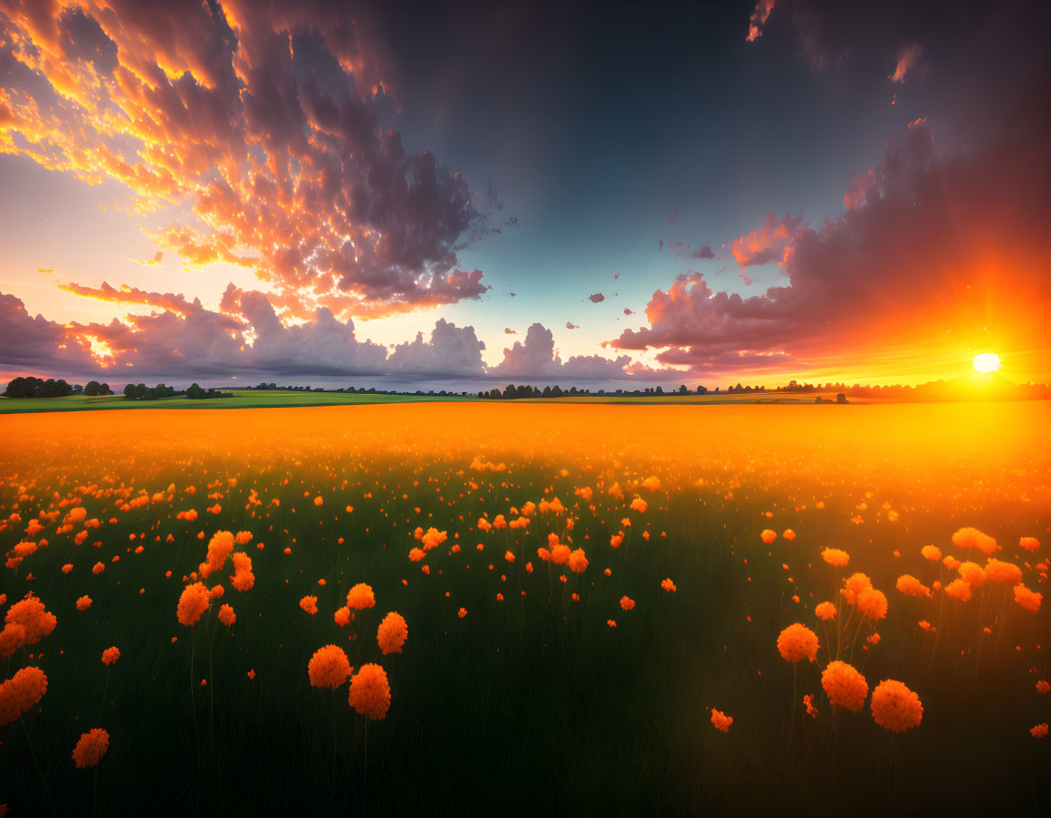 Vibrant sunset with golden rays over orange flowers and distant trees
