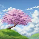 Beautiful Cherry Blossom Tree on Hill with Pink Petals in Breeze