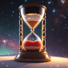 Intricate hourglass with flowing sand on cosmic background.