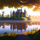 Castle with Spired Towers on Island Reflected in Sunset Lake