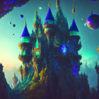 Fantastical Castle with Glowing Blue and Purple Spires on Floating Islands
