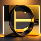 Golden 3D Letter "E" in Reflective Frame on Amber Background