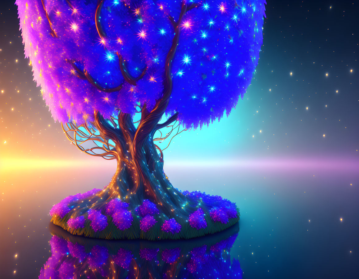 Mystical neon tree with luminous blue canopy and glowing orbs against starry sky.