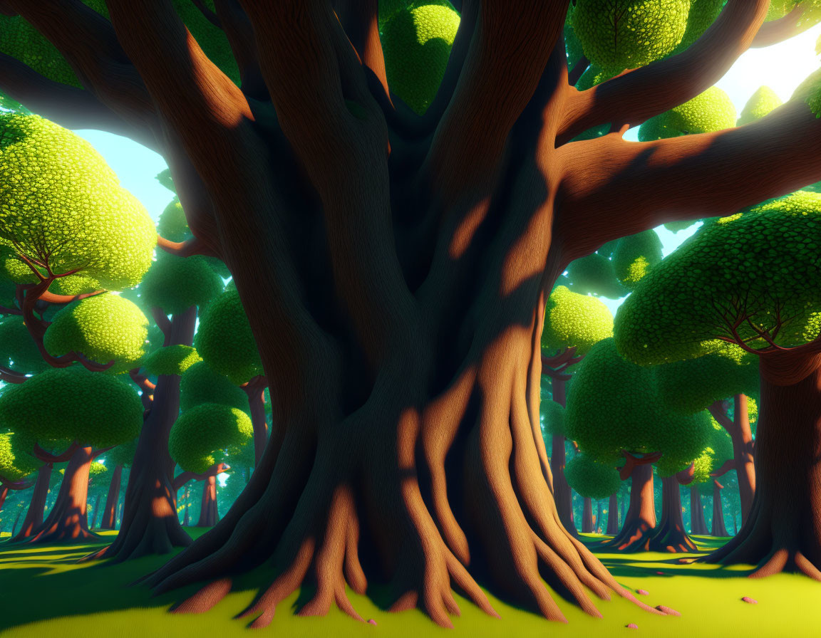Stylized forest scene with large tree trunks and lush green canopies