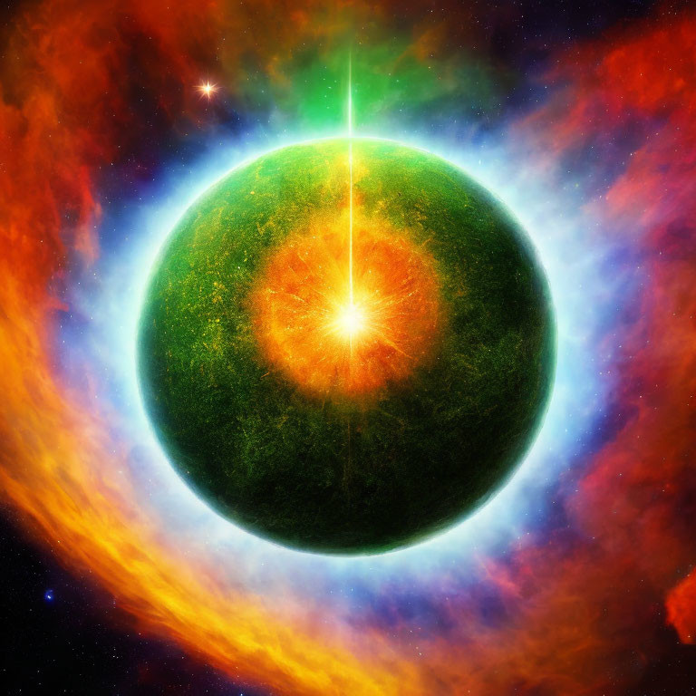 Colorful cosmic illustration of green planet and star with nebulae