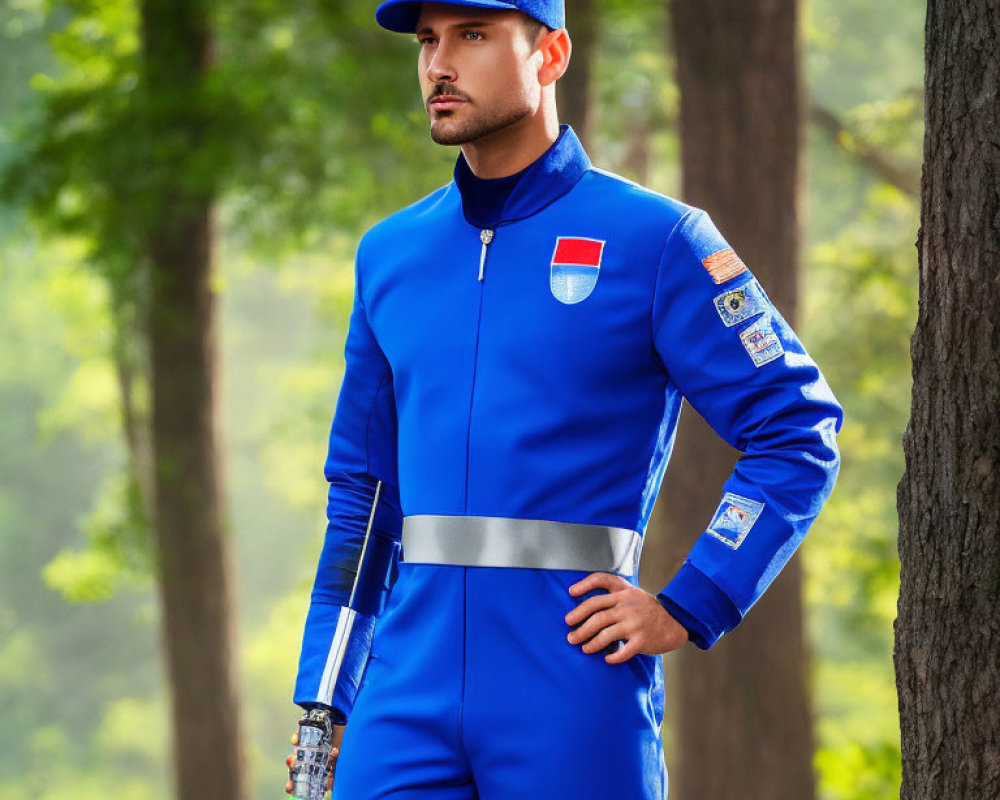 Person in blue space jumpsuit with silver belt holds green lightsaber in forest