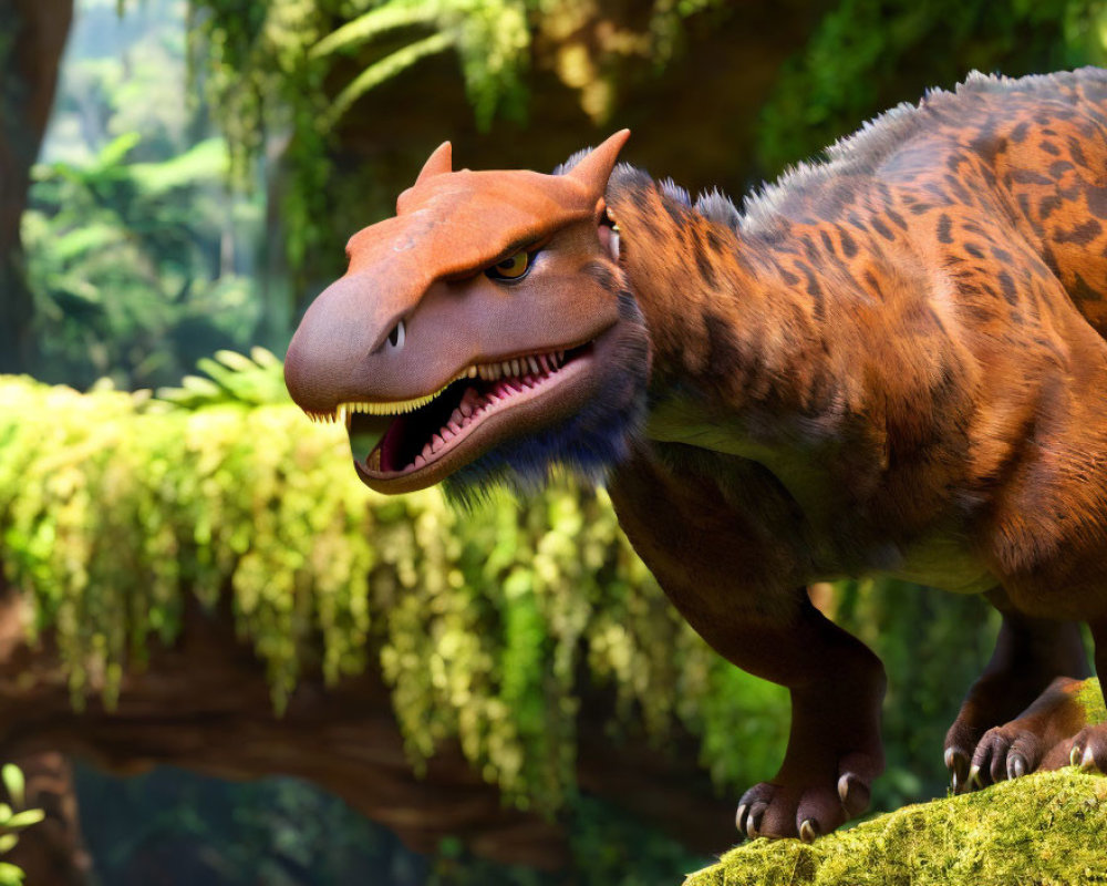 Realistic 3D animation of orange-brown Tyrannosaurus Rex in lush forest
