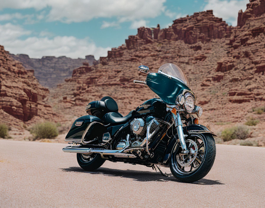 Black Touring Motorcycle with Chrome Details on Desert Road