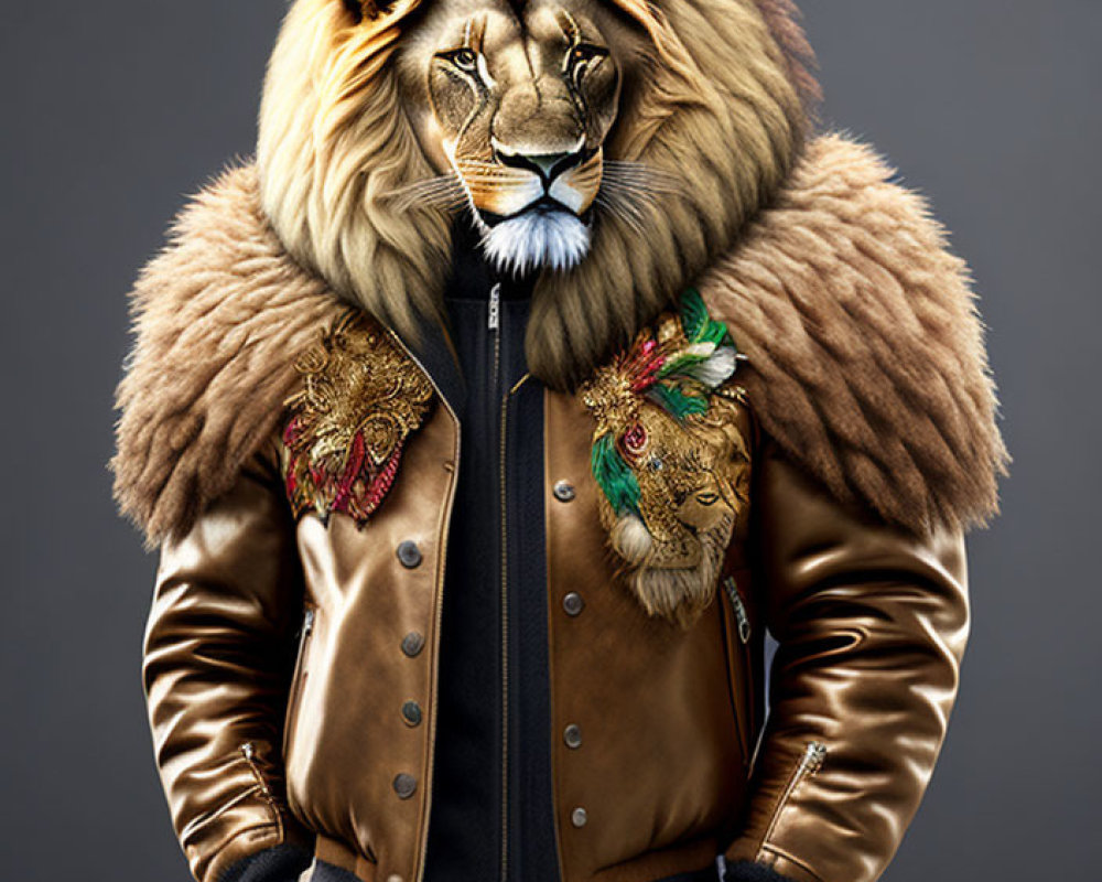 Stylized lion portrait with human body in trendy bomber jacket