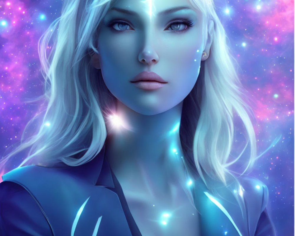 Portrait of a Woman with Platinum Blonde Hair and Constellation Background