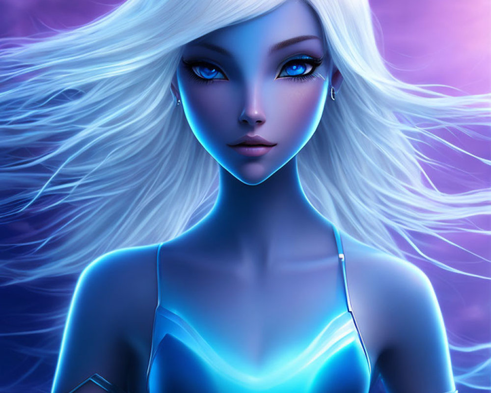 Digital artwork of pale-skinned female with white hair, blue eyes, iridescent clothing on purple