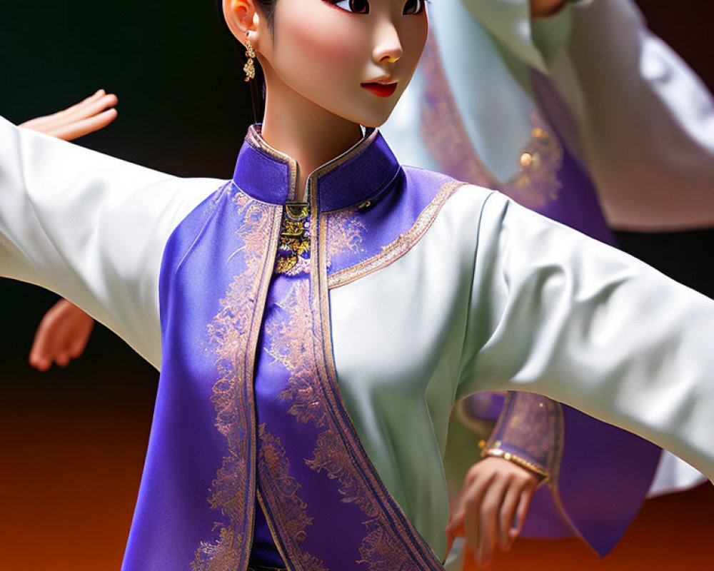 Detailed Asian woman figurine in purple and gold traditional attire dancing.