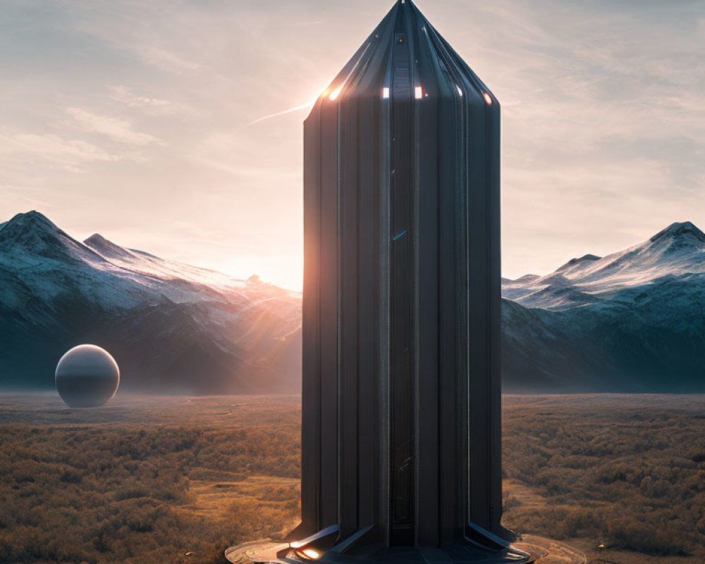 Sleek futuristic tower in mountain landscape at sunset