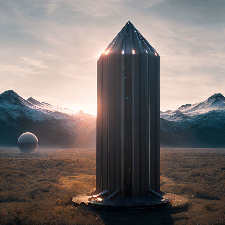 Sleek futuristic tower in mountain landscape at sunset