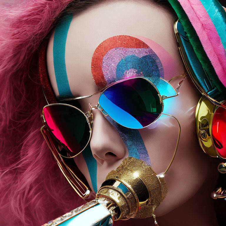 Vibrant portrait of woman with rainbow makeup and aviator sunglasses
