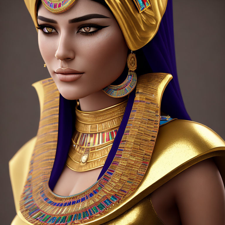 Digital Art Portrait of Woman Styled as Ancient Egyptian with Golden Headdress and Colorful Collar Necklace