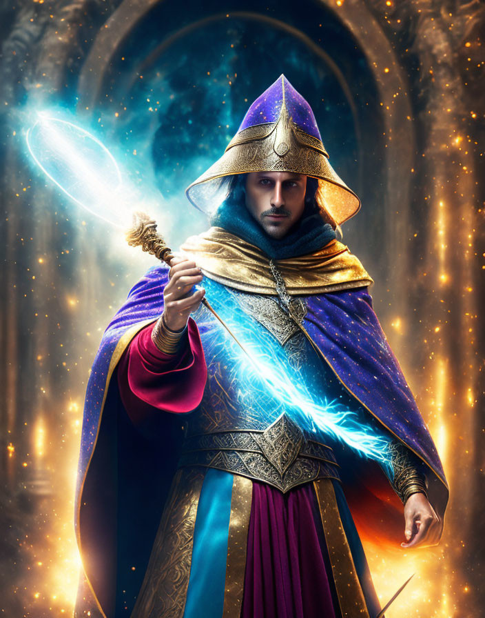 Wizard in Blue and Gold Robe with Glowing Staff in Enchanted Archway