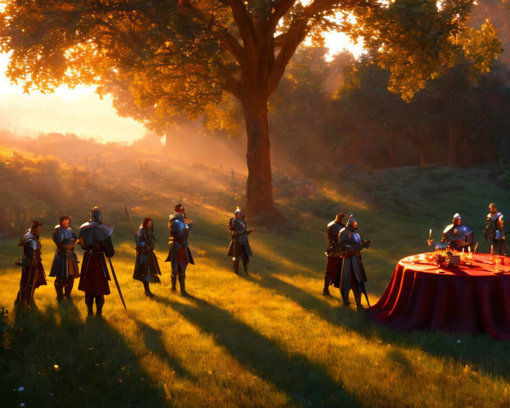 Medieval soldiers in sunlit forest clearing with table preparing for event