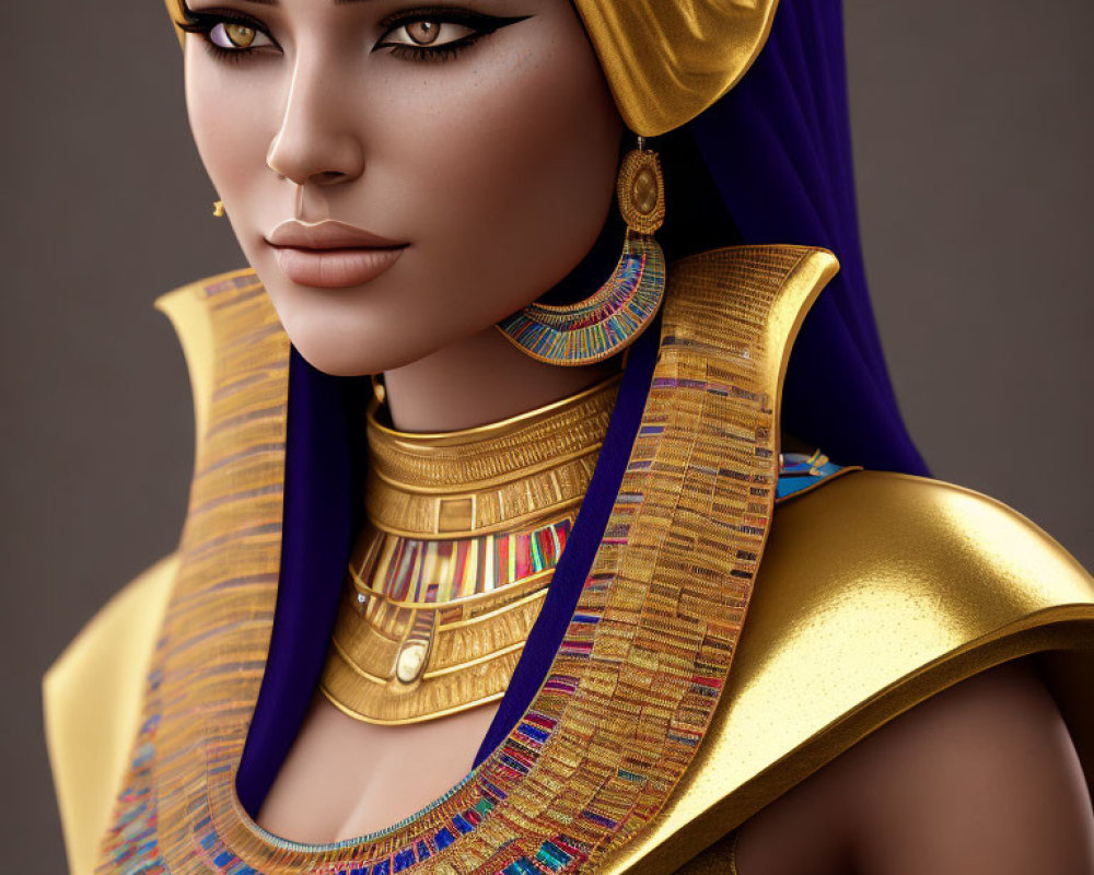 Digital Art Portrait of Woman Styled as Ancient Egyptian with Golden Headdress and Colorful Collar Necklace