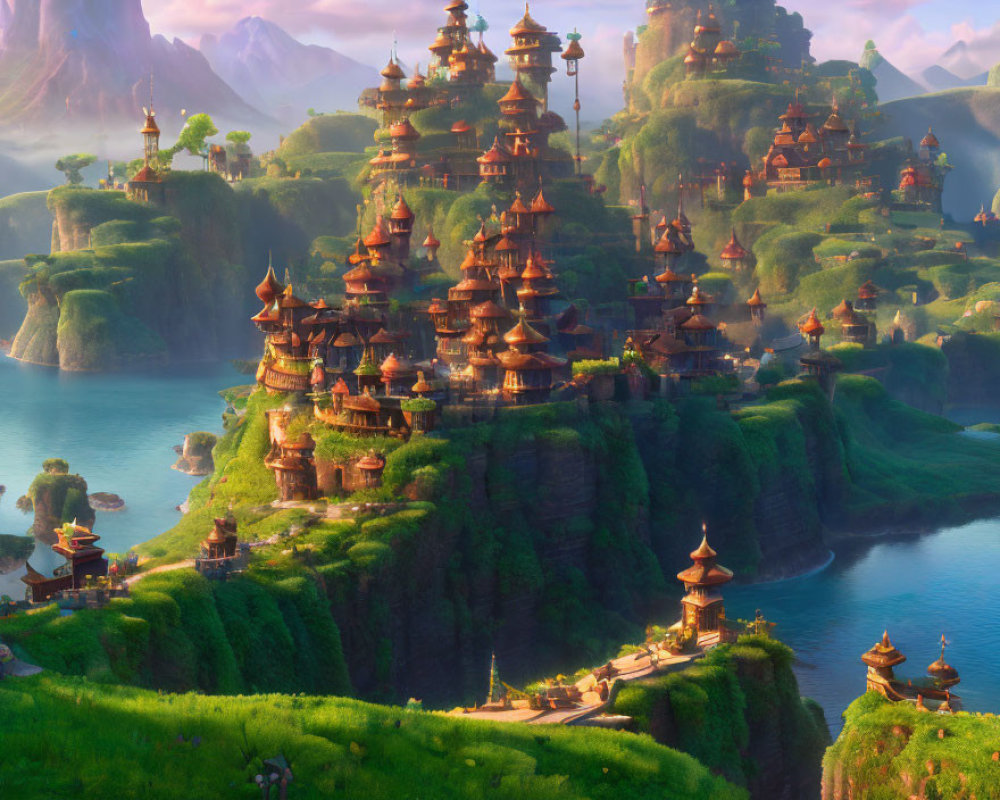 Fantastical landscape with pagoda-style buildings on lush cliffs