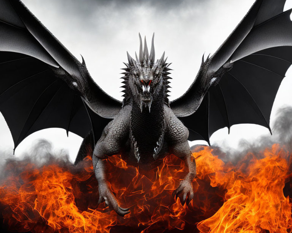 Black Dragon with Outstretched Wings in Roaring Flames and Stormy Sky