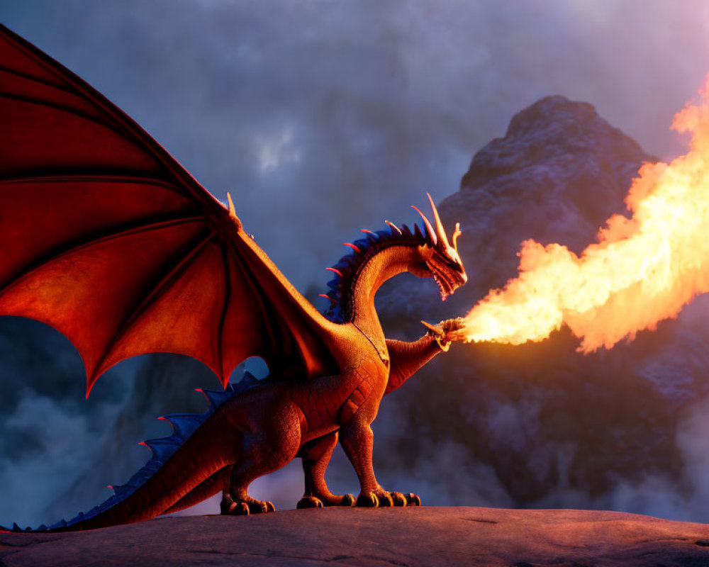 Fiery red dragon breathing fire on rocky cliff at dusk