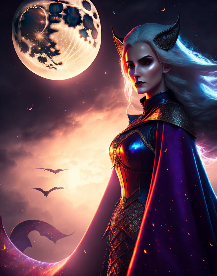White-Haired Female Fantasy Character with Horns in Cosmic Moonlit Scene