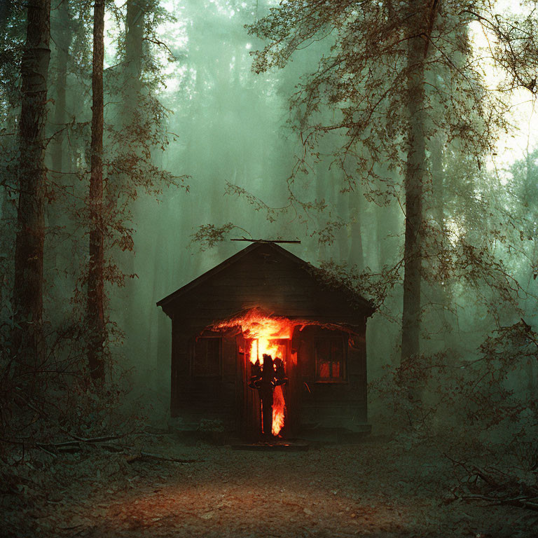 Misty forest cabin with glowing orange light in doorway