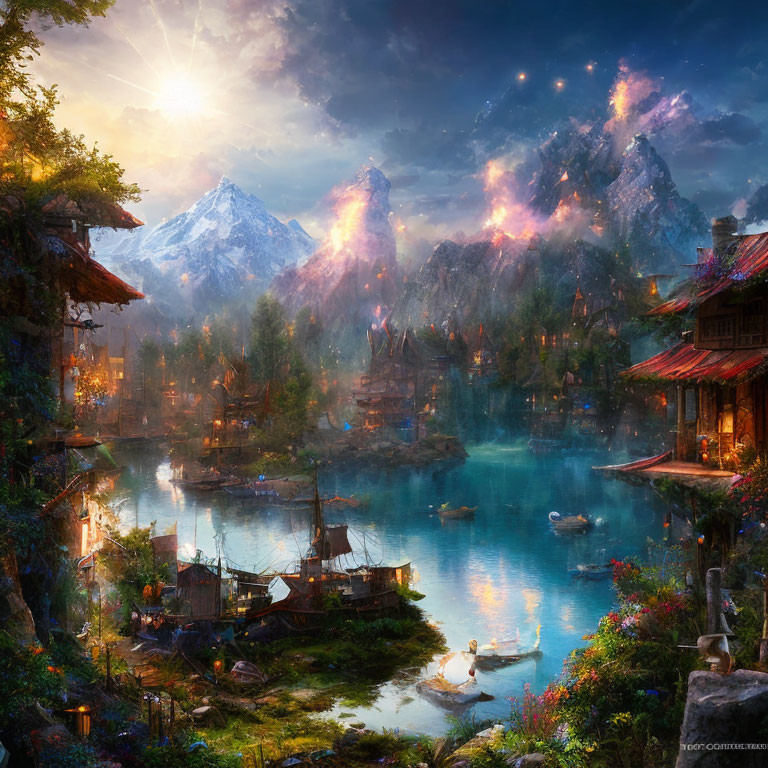 Traditional Houses in Fantasy Village by Serene Lake and Majestic Mountains