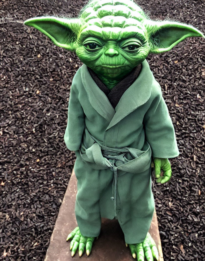 Life-Size Yoda Replica on Wooden Platform, Green Robe, Thoughtful Expression